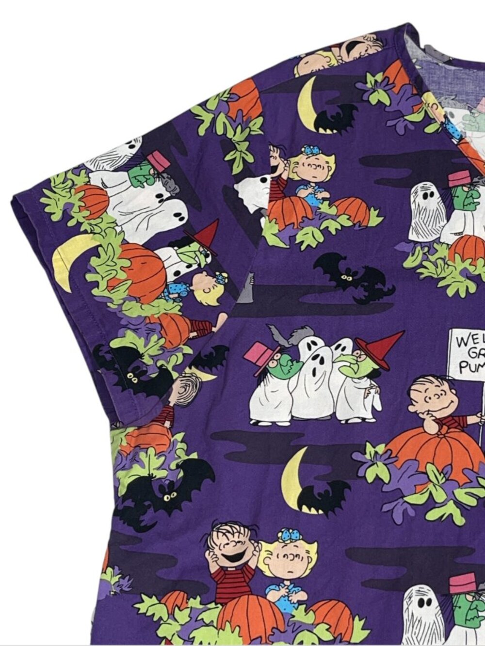 PEANUTS Womens Scrub Top Halloween Great Pumpkin Charlie Brown Plus Sz 2X Purple - Picture 4 of 10